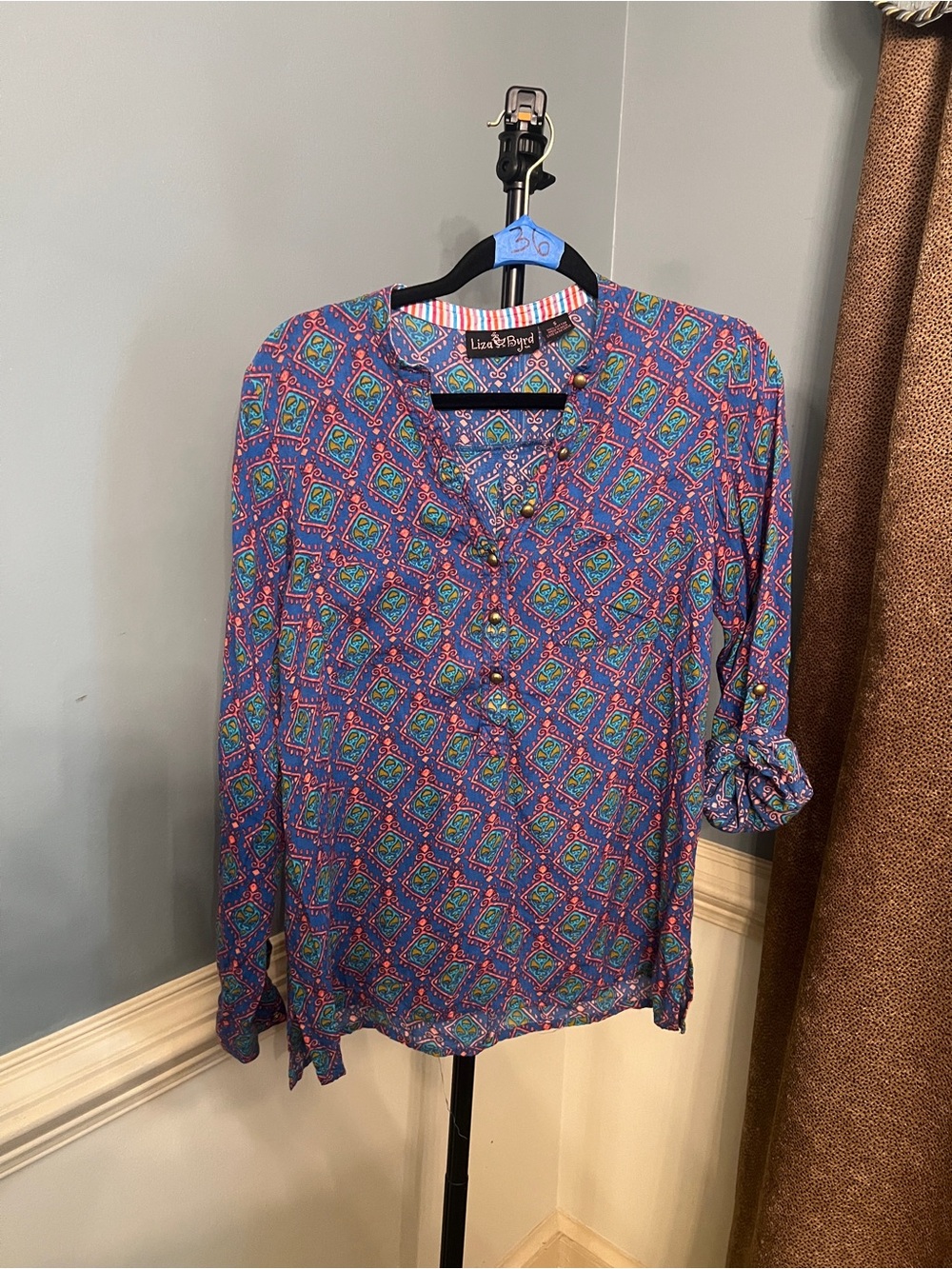 Liza Byrd Blue and Purple Geometric Print Henley Blouse